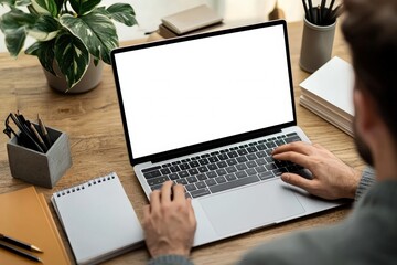 Aufkleber - Freelancer working from home on laptop with blank screen in cozy modern office
