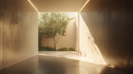 Poster - Serene courtyard view with tree and sunlight through modern architecture minimalist design tranquil scene