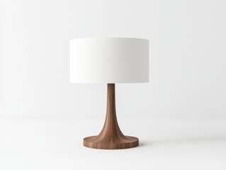Poster - Minimalist Walnut Table Lamp with White Shade on Clean White Background for Interior Design Mockup