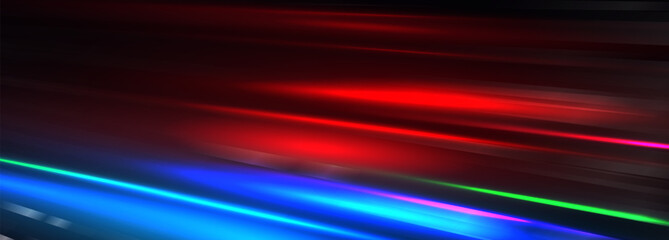 Poster - Motion Light Lines Background With Red, Blue, Green Neon Glow On Dark Gradient. Futuristic Speed Effect For Technology, Gaming, Or Abstract Design. Vector Illustration.