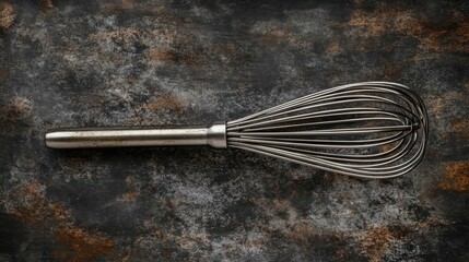 Poster - stainless steel whisk on a rustic dark background, kitchen utensil, cooking preparation, culinary to