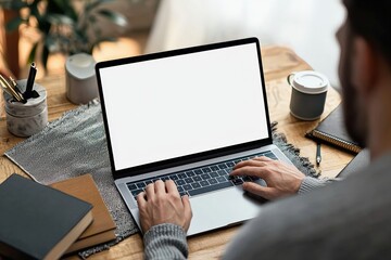 Aufkleber - Freelancer working remotely on laptop with blank screen in cozy home office