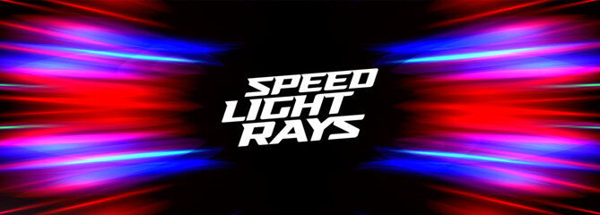 Poster - Speed Light Rays Background With Red, Blue, Pink Neon Lines On Dark Gradient. Futuristic Motion Blur Effect For Music, Party, Technology, Or Abstract Design Projects. Vector Illustration.