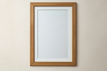 Aufkleber - Wooden photo frame hanging on a beige wall displaying a white background