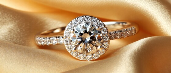 Poster - Exquisite Halo Diamond Engagement Ring on Luxurious Golden Silk Fabric Capturing Romance and Commitment with a High Angle and Soft Lighting