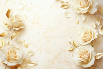 Poster - Elegant ivory roses with golden leaves on a textured light background creating a romantic and luxurious floral arrangement perfect for wedding invitations