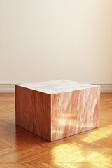 Poster - Minimalist Interior with Marble Cube on Parquet Flooring Warm Sunlight Accenting a Simple Elegant Design Aesthetic for Product Display