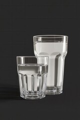 Poster - Two clear glasses filled with fresh water on a dark background showcasing purity and hydration in a minimalist style with soft lighting