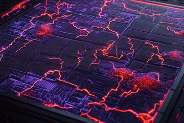 Poster - Abstract motherboard with glowing electric current and intricate circuit design for technology innovation and futuristic computing concepts