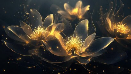 Poster - Ethereal Golden Flower Blossoms with Soft Glow and Sparkles in a Dark Background for Dreamy Atmosphere