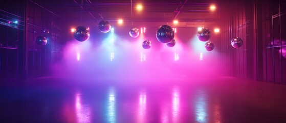 Poster - Captivating disco balls reflecting vibrant light in a modern club interior creating an immersive atmosphere for dance and celebration with a retro vibe