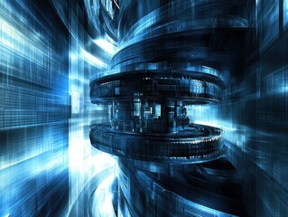 Poster - Abstract futuristic structure with blue light rays and complex geometric shapes creating a modern and technological atmosphere