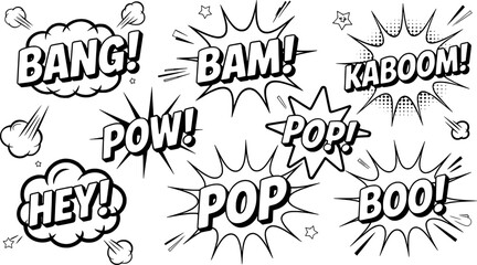 Comic Book Speech Bubbles Set With Sound Effects Black And White