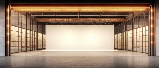 Poster - Spacious industrial studio with concrete floor and large windows providing natural light and modern design for photography and film set backdrop