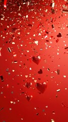 Poster - Festive red background with falling heart confetti and metallic ribbon for romantic celebration event