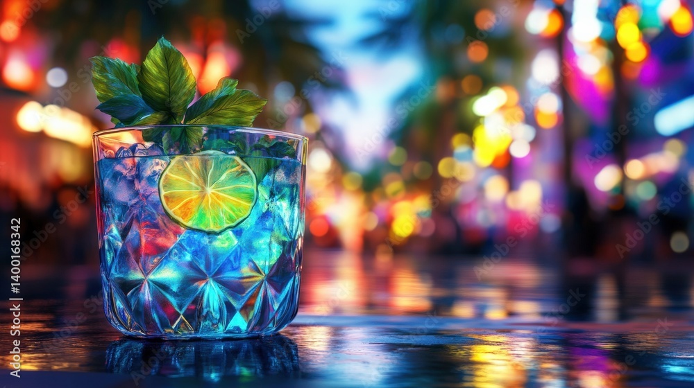 Refreshing cocktail with lime and mint on a vibrant city street during a lively night scene