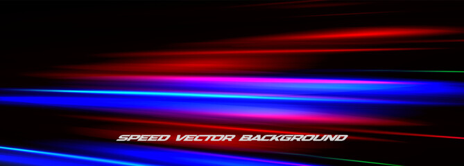 Poster - Speed Light Lines Background With Red, Blue, Pink Neon Glow On Dark Gradient. Futuristic Motion Blur Effect For Music, Technology, Racing, Or Abstract Design Projects. Vector Illustration.