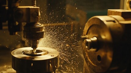 Poster - Advanced CNC machine in action, controlled by automation software, cutting metal