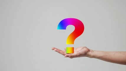 Aufkleber - Female hand grasping vibrant gradient question mark symbolizing critical thinking, uncertainty, and potential problem solving strategies against minimalist white backdrop
