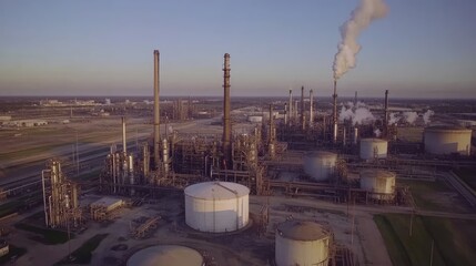 Poster - Aerial shot of a large oil refinery complex with tanks, pipelines, and smokestacks