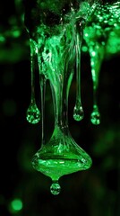 Poster - Abstract Green Liquid Droplets Hanging in Darkness a Captivating Display of Viscosity and Reflection Macro Shot