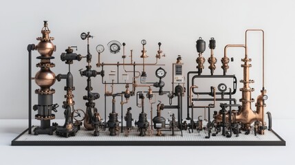 Poster - An industrial oil pump and valve system used for extracting crude oil in a refinery