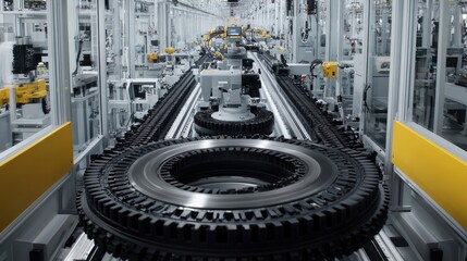 Poster - Assembly line showing gear-cutting machinery in a high-precision production unit