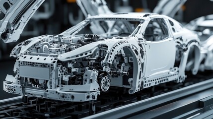 Poster - Assembly line with partially completed cars and tool arms in automated sequence
