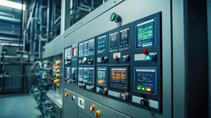 Poster - Chemical plant with high-tech control panels monitoring manufacturing processes