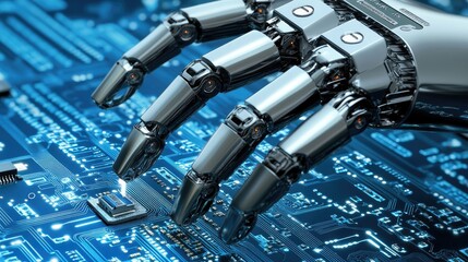 Poster - Close-up of robotic gripper arm placing electronic components onto circuit board