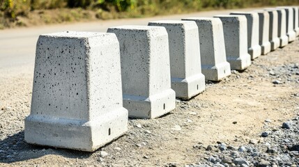 Poster - Concrete barrier blocks arranged in a line at the perimeter of an active construction zone