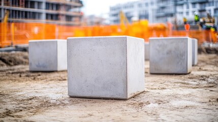 Poster - Concrete barrier blocks arranged in a line at the perimeter of an active construction zone