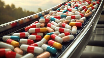Poster - Conveyor belt moving sealed drug containers through labeling system