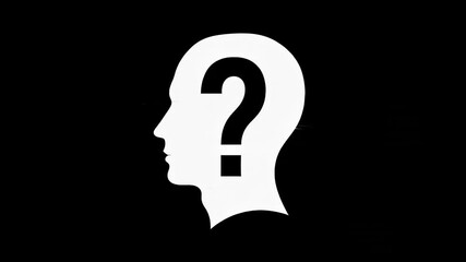 Aufkleber - White human head silhouette profile with a question mark inside, appearing and disappearing on a black background, symbolizing curiosity, confusion, and the search for answers