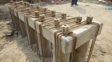 Poster - Finished concrete pillars with exposed rebar prepared for further structural work