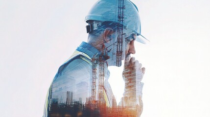 Poster - Engineer in Double Exposure Contemplating Construction Plans