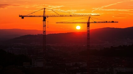 Poster - High-angle view of construction cranes silhouetted against the setting sun over cityscape