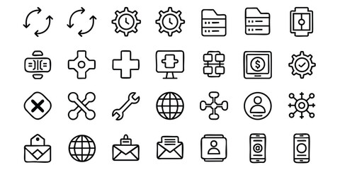 A collection of clean, minimalist black line icons representing various business and technology concepts
