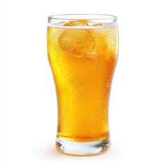 Poster - Refreshing amber beverage with ice cubes in a tall glass against a clean white background offering a crisp and inviting visual