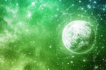 Poster - Ethereal planet with interconnected network in vibrant green cosmic space with sparkling stars and nebula background digital art style