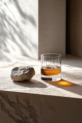 Poster - Elegant whiskey glass with amber liquid and a rock on a textured surface in soft light and shadow play creating a sophisticated and minimalist still life