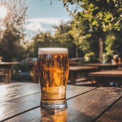 Poster - Refreshing pint of golden beer on rustic wooden table in sunny outdoor pub garden setting with blurred background