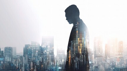 Poster - Businessman Silhouette Overlaying Cityscape with Data Visualization
