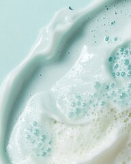 Poster - Close up of luxurious creamy texture with bubbles on a serene blue background for skincare product promotion