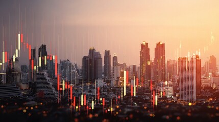 Poster - Bangkok Skyline with Stock Candlestick Overlay at Sunset