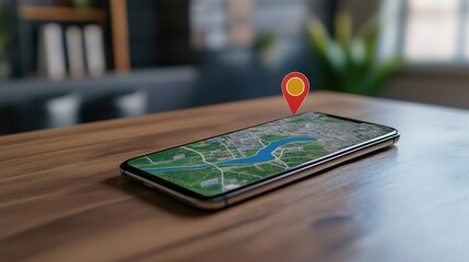 Poster - Mobile device with a digital map and location pin on a modern workspace desk