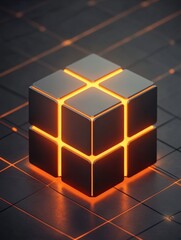 Poster - Futuristic cube with glowing orange lines on a dark tiled background creating a modern digital art design