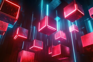 Poster - Abstract Neon Cubes Floating in Dark Space with Red and Blue Lights Creating a Modern Futuristic Atmosphere