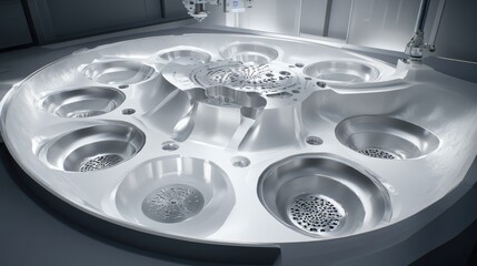 Poster - Multi-axis machining center working on complex metal part under industrial lighting