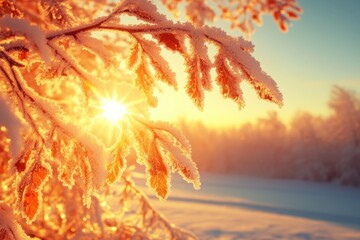 Poster - Radiant winter sunrise illuminating frosted leaves on a branch in a snowy landscape creating a serene and peaceful atmosphere with golden light and soft shadows